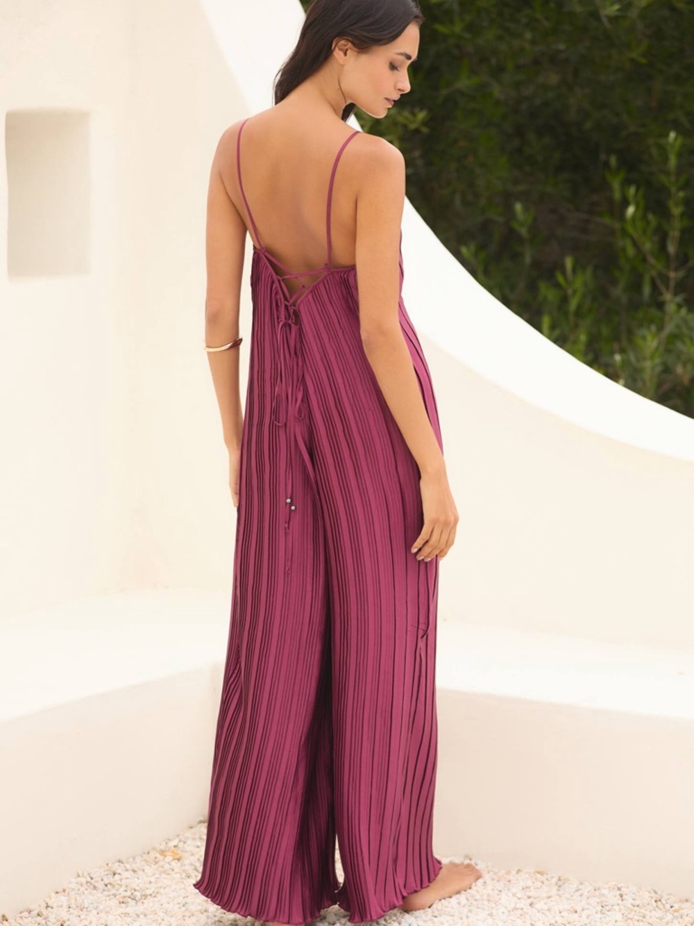 Anthro Pleated Wine Jumpsuit Wide Leg Strappy Size S NWT - Picture 2 of 7